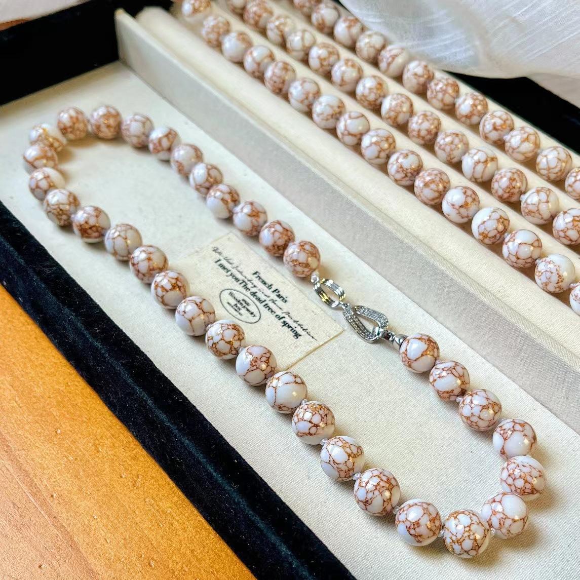 

Retro Large Particle 12Mm Artificial Gold Thread Turquoise Necklace, Simple And Versatile Jewelry, Knotted Bead Chain