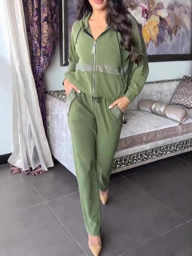 2024 Euro-American Solid Color Zip-Up Sweatshirt & Drawstring Pants Set - Women's Casual Two-Piece