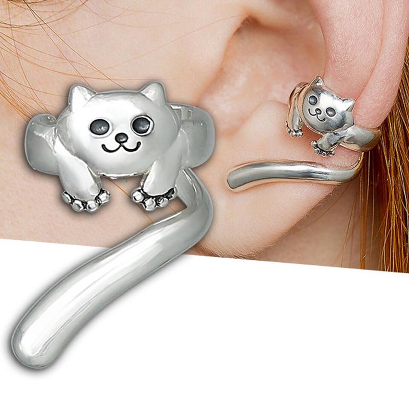 Huitan Vintage Fox-shaped Ear Cuff Earrings for Women Antique Silver Color Creative Clip Earrings Daily Wear Versatile Jewelry