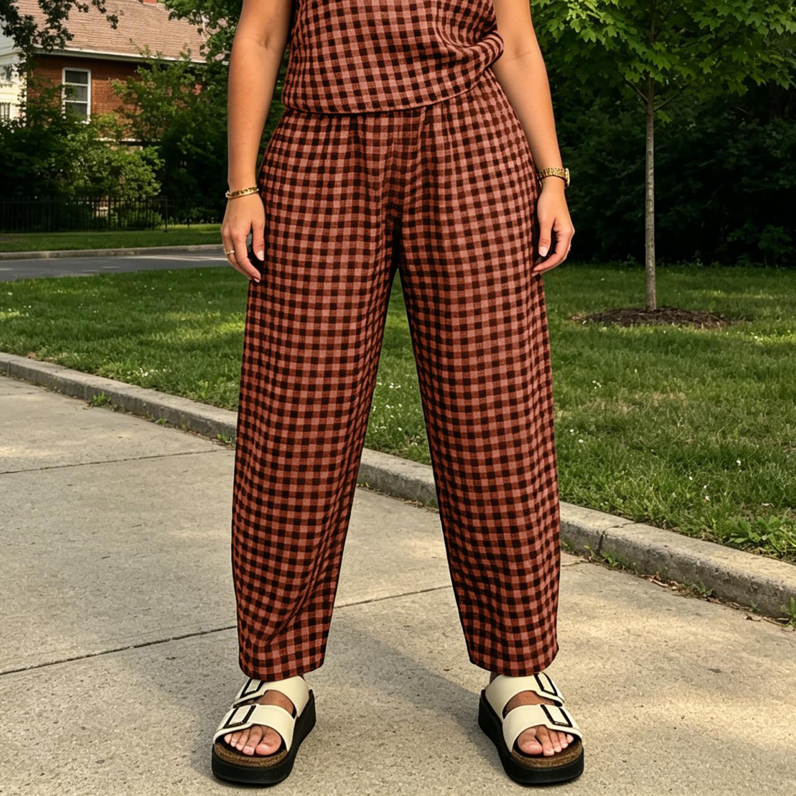 

Loose Fit Sleeveless Top and Wide Leg Pants Set Plaid Pattern Casual Two Piece Outfit for Women Comfortable Daily Wear XXL шафрановий