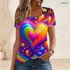Women Plus Size Short Sleeve U Neck T Shirt Multicolor 3D Rainbow Heart Star Sphere Print Top