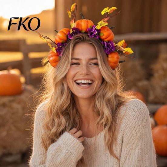 Herbst Ernte Haarschmuck Halloween Reifen, Schwarzes Stirnband mit 3D Kürbis Herbstlaub Reifen Rote Blumen, Universell Thanksgiving Tag Party