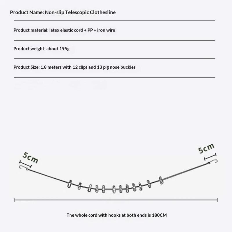 Non-Slip Portable Travel Clothesline 1.8m 12 Windproof Clips Durable Drying Rope for Hotel Camping Student Dorm