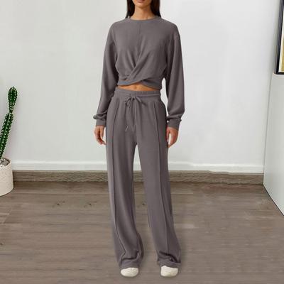 2 Pcs/Set Women Top Pants Set Round Neck Long Sleeve Crop Top Drawstring Elastic Waist Wide Leg Sweatpants Sport Outfit Spring Autumn Tracksuit