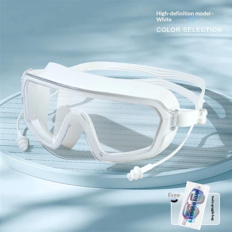 Large Frame Anti Fog Swim Goggles With Ear Plugs Panoramic Wide View Waterproof Swimming Glasses For Adults Pool Beach Water Spo