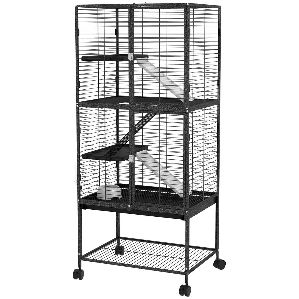 Rolling Chinchilla Cage, Small Animal Cage for Ferrets W/ Three Doors, Storage, Shelf, Tray Tray, Bowl, Water Bottle