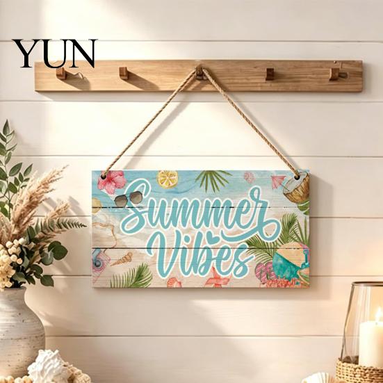 Summer Themed Gifts Wooden Hanging Sign, Beach Theme Welcome Sign Front Door Decor with Rustic Wood Plaque Rope, Colorful Hanger for Seasonal