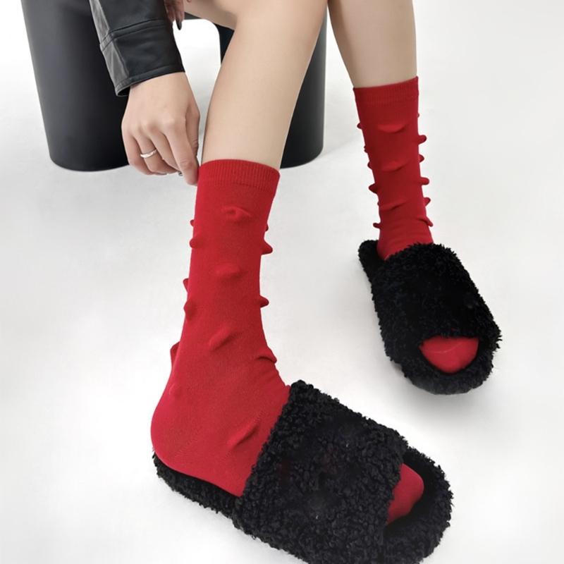 Womens Harajuku Cotton Crew Socks 3D Raised Point Cute Hedgehog Thorns Solid Color Skateboard Middle Tube Calf Socks