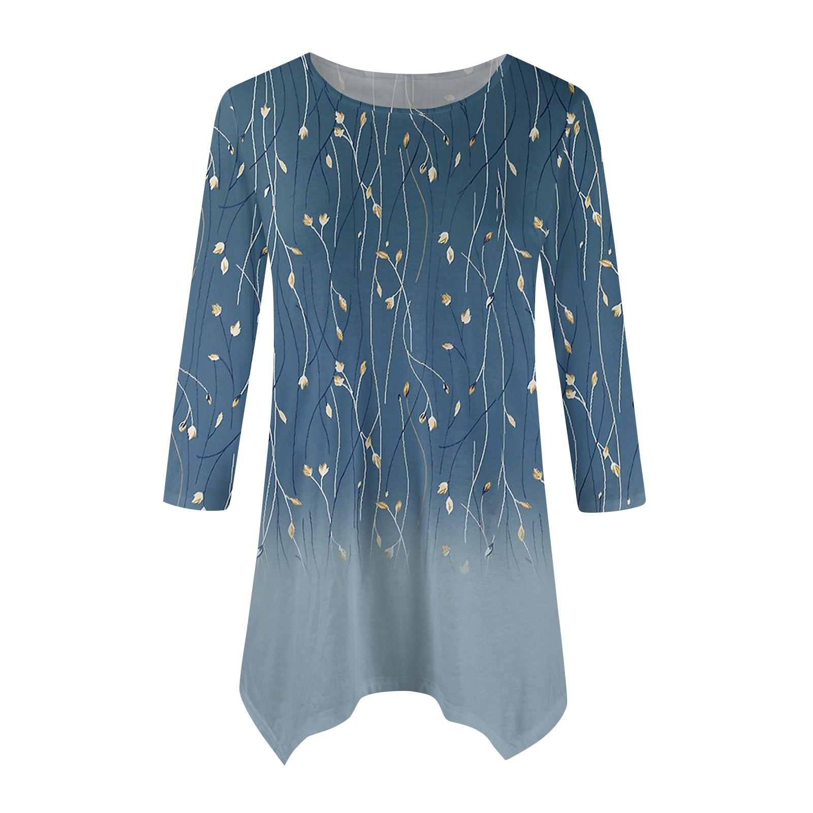 

Женская модная повседневная рубашка с круглым вырезом и цветочным принтом, рукавами-семью, свободным удобным топом с поясом M