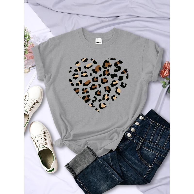 Sommer Rundhals 3D Leopard Herz Print Top Modische Lässige Kurzarm Damen T-Shirts