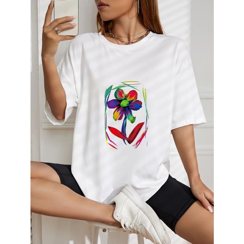White Oversized T Shirt With Colorful Flower Print For Casual Wear
