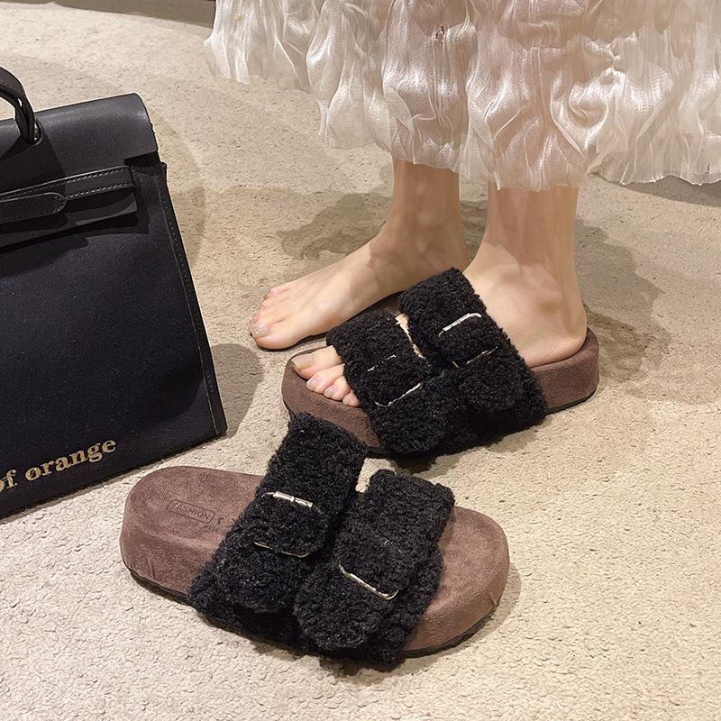 Double-buckle Boken Hairy Slippers for Women's Outer Wear 2025 Autumn New Thick-bottomed Muffin One-word Mop Versatile Casual Cotton Mop
