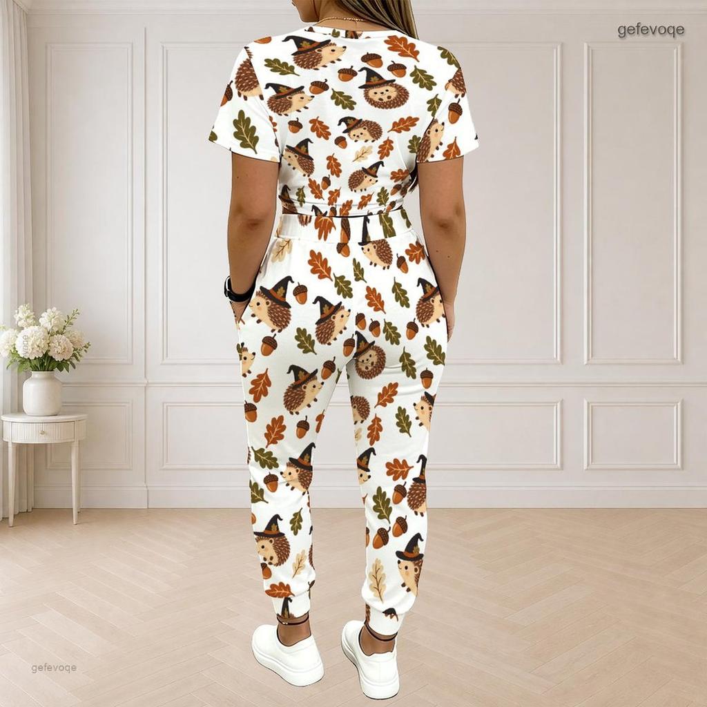 Women Plus Size White Printed Round Neck Short Sleeve Crop Top Drawstring Cuffed Pants Two Piece Set