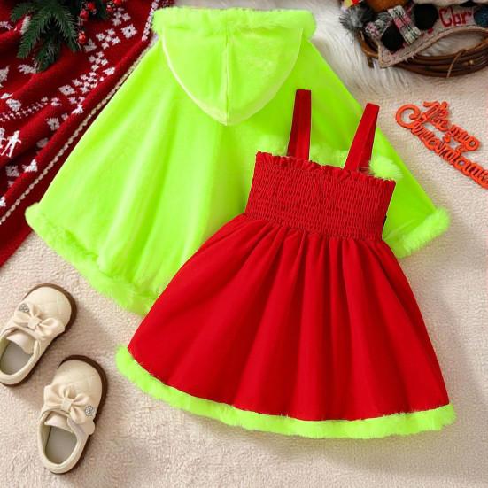 Girls Christmas Cape Dress with Fur Trim Red Holiday Performance Costume for Toddlers 1-6 Years Fancy Party Dress Accessory