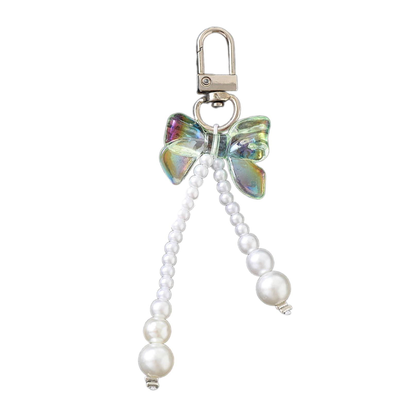 

Bowknot Shaped Keychain Pendant Pearls Beaded Butterfly Knot Key Chain Fashionable Bow Ornament for Phones and Bag зелений
