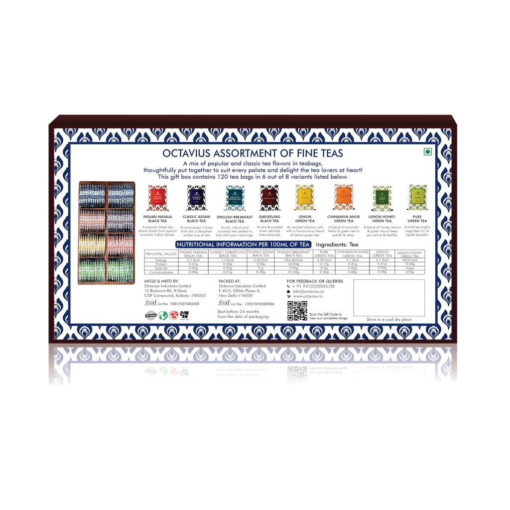 Octavius Dark Wood Gift Box with 120 Bags - Premium Assorted Black & Green Tea Infusion Collection | 6 Flavours (English Breakfast, Green, Darjeeli
