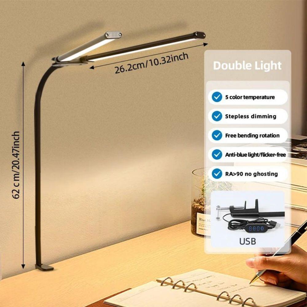 Double/Single Head LED Desk Lamp Dimmable Clip On USB Reading Table Light 3 Lighting Modes Flexible Study Table Lamp