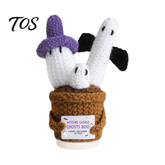 Whimsical Witch Hat Pumpkin Doll Hand Knitted Halloween Ghost Ornament, Crochet Plush with Adorable Holiday Party Favor Encouragement Card,