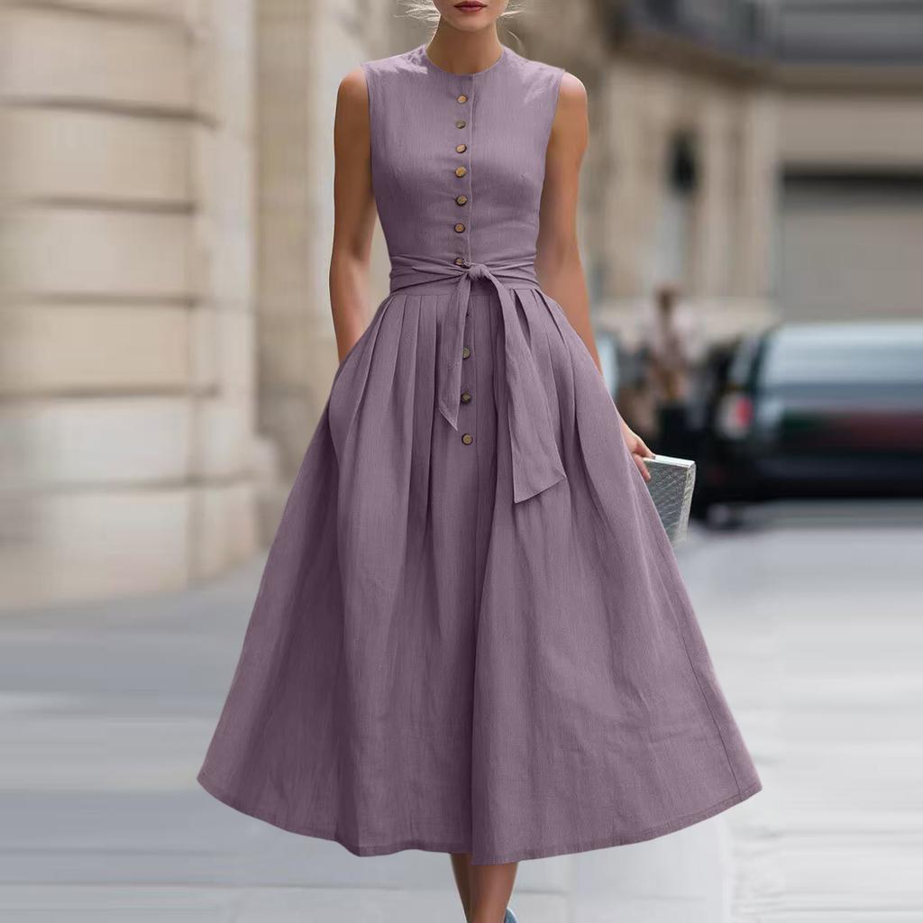 Abito midi da donna senza maniche con bottoni frontali in misto cotone e lino con cintura in vita e tasche, vestibilità classica per l'uso quotidiano
