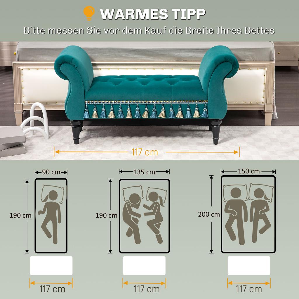 Panca Imbottita, Panca, Design Vintage, fino a 150 kg, 117x40x58 cm, Verde