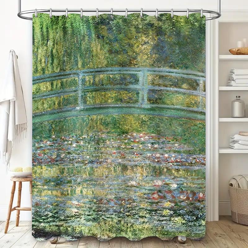 Beautiful Greenery Shower Curtain Rustic Bridge Design for Bathroom Decorations Waterproof Fabric with Hook Rings Perfect Gift I