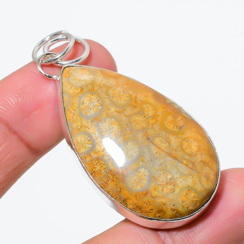 Fossil Coral Gemstone Handmade 925 Sterling Silver Jewelry Pendant 2.36" V2U50
