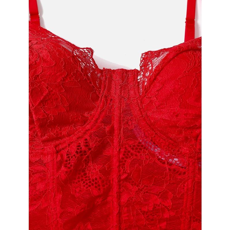 Red Lace Corset Top Spaghetti Strap Sweetheart Bustier Crop Top