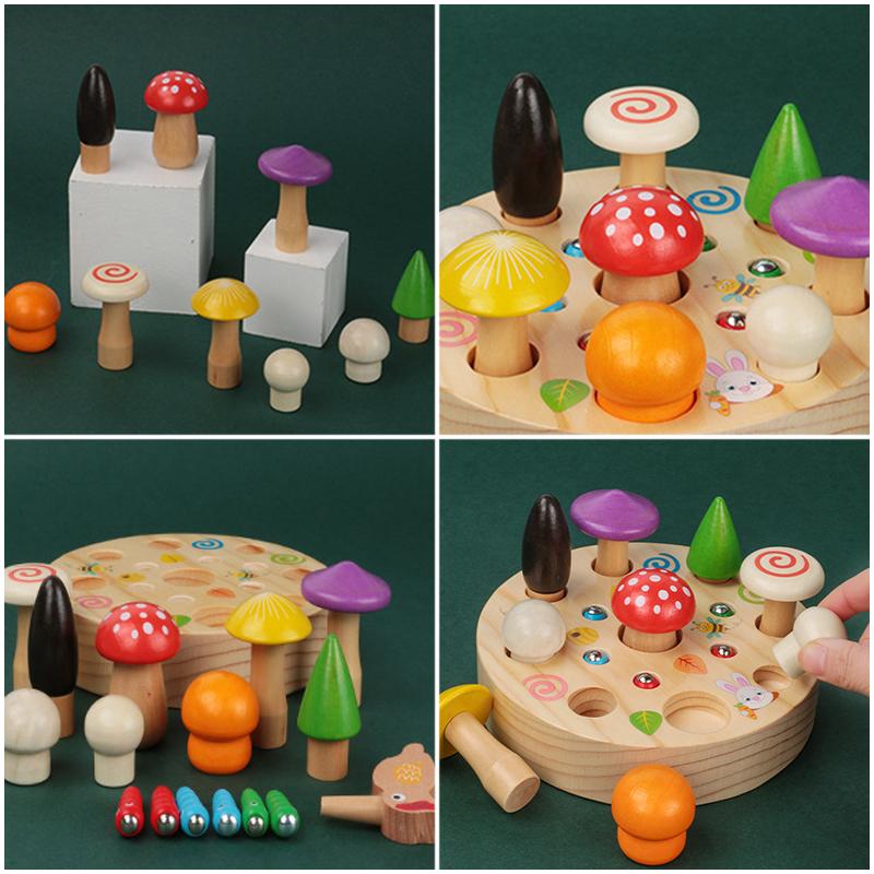 Baby Montessori Games Wooden Toys Picking Mushrooms Catching Bugs Board Early Educational Fine Motor Training Size Matching Game