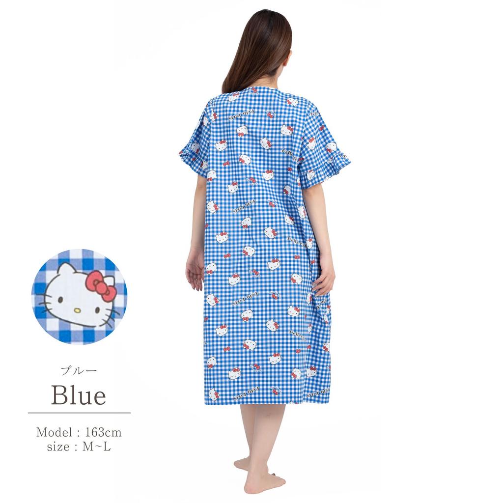 Hello Kitty One Piece Nightgown Cotton Broadband Button Front Room Wear Loungewear Gingham Hello Kitty [SAZAC] 100% Women's (Blue/M-L/SAN1779)