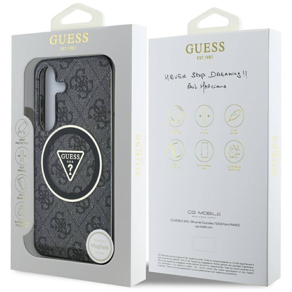 Pouzdro Guess 4G Glitter Triangle Buttons Magsafe Pro Samsung Galaxy S25 Černé