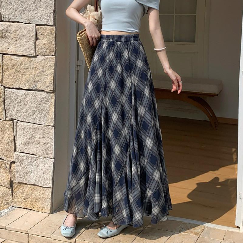 Qooth Plaid Ruffle Midi Skirt Coffee Brown Elastic Waist Polyester Skirt QT2879