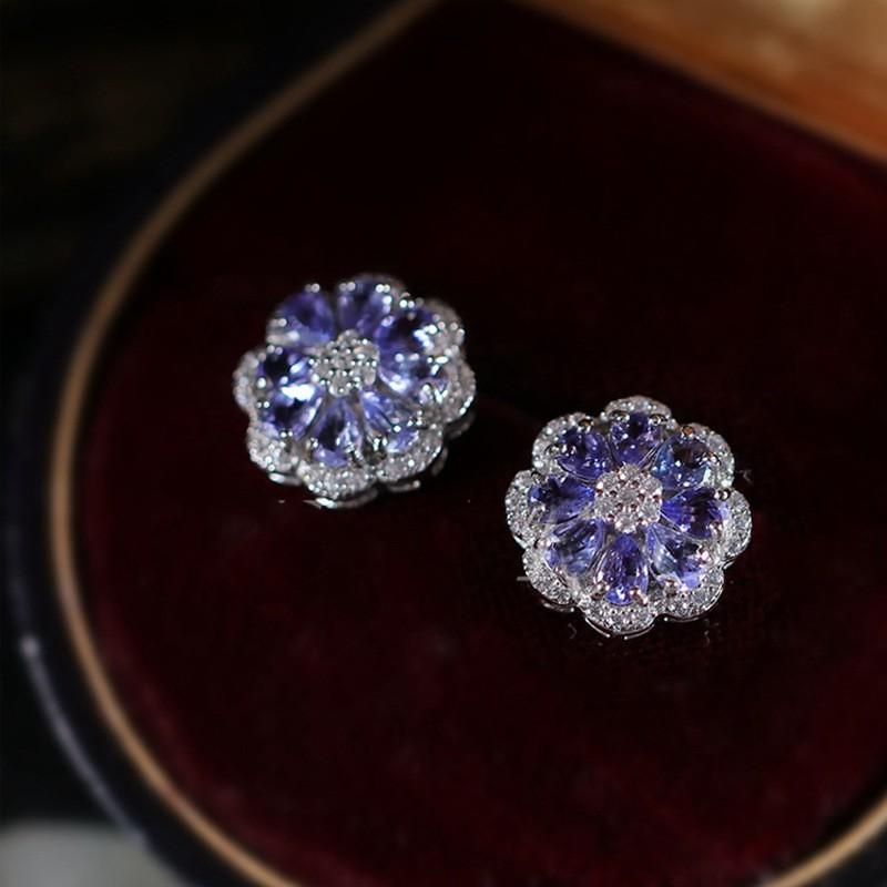 Sterling Tanzanite Flower Stud Earrings Women Hypoallergenic Daily Wear Elegant Minimalist Jewelry