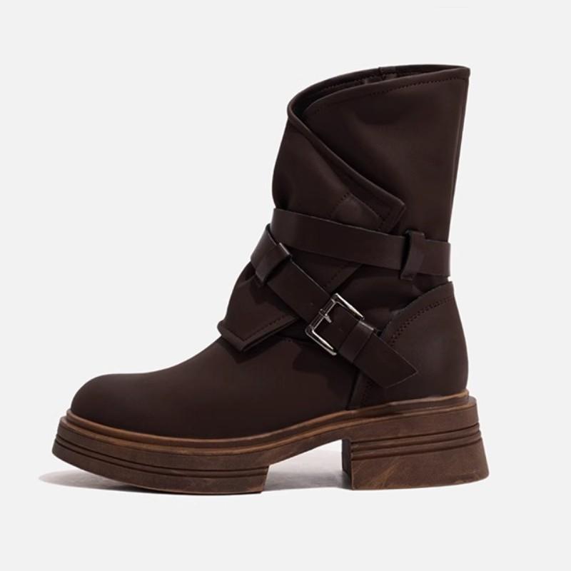 New Autumn and Winter Warm Leather Side Zipper Thick Sole Boots High Street Style Women Vintage Fashion Short Boots