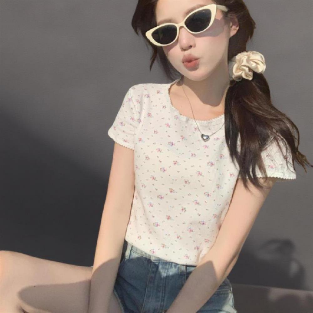 New Arrivals Open Run Women Flower PaTTern CoTTon Wave Round Neck ShorT Sleeve T