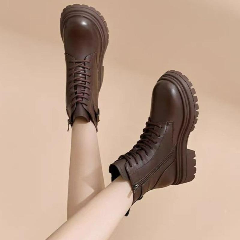 Fashion Block Heel Side Zipper Short Thigh Boots Autumn New Round Toe Lace-Up Front Platform Anti-Slip Wear-Resistant Mid-Heel Boots