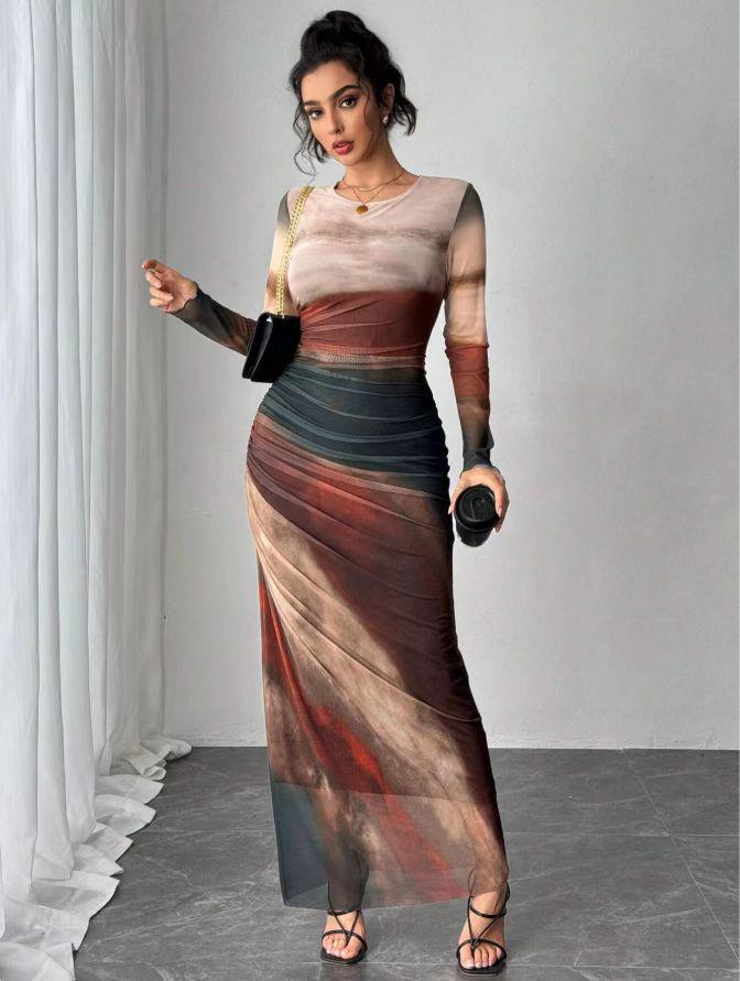 2024 European & American Fashion Mesh Print Ruffle Bodycon Dress