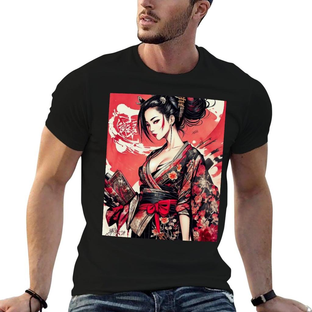 Beautiful Geisha In Red And Black Japanese Dress Tshirt Graphic T Shirts For Unisex T Shirt Custom Print Tshirt