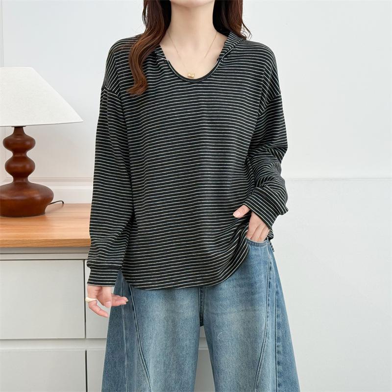 

2025 Autumn Women s Plus Size Striped Long Sleeve Hooded Pullover Shirt (Style 8631) 4XL чорний