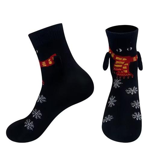 1 Pair Christmas Couple Socks Magnetic Hands Cartoon Deer Snowman Design Long Socks Soft Breathable Xmas Socks