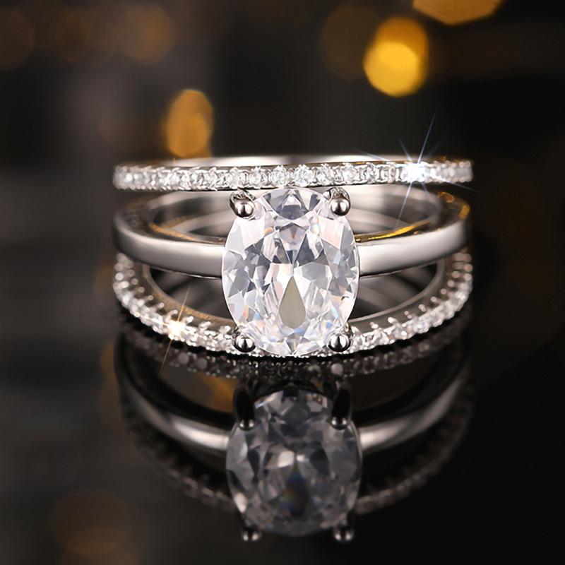 Four-claw Inlaid Wedding Ring Set of Three Rings. Luxurious Design Accessories. Elliptical Zirconia Finger Ring for Women.