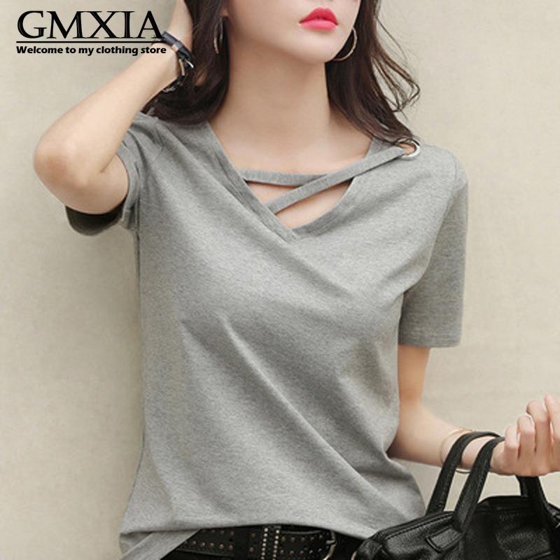 GMXIA Women's Fashion Casual Leisure Solid Color Print Short Sleeve V Neck Blouses & Shirts