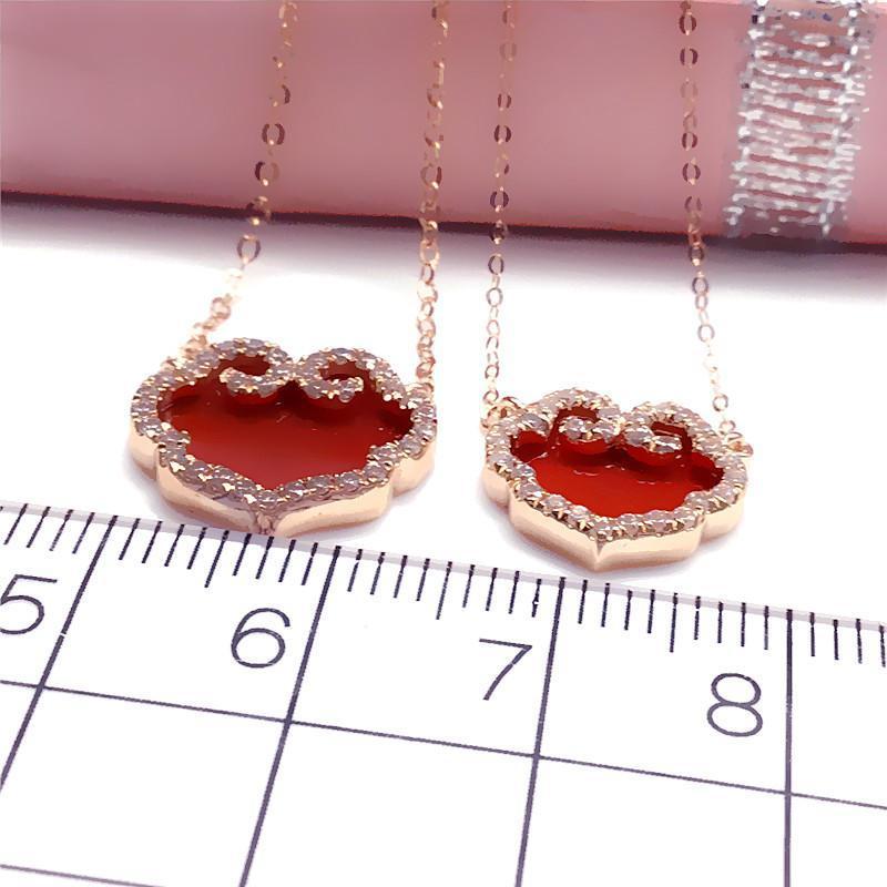 Color Gold Retro Bright Diamond Red Stone Wishful Lock Necklace Plated Rose Gold Pure Purple Gold Light Luxury Set Chain