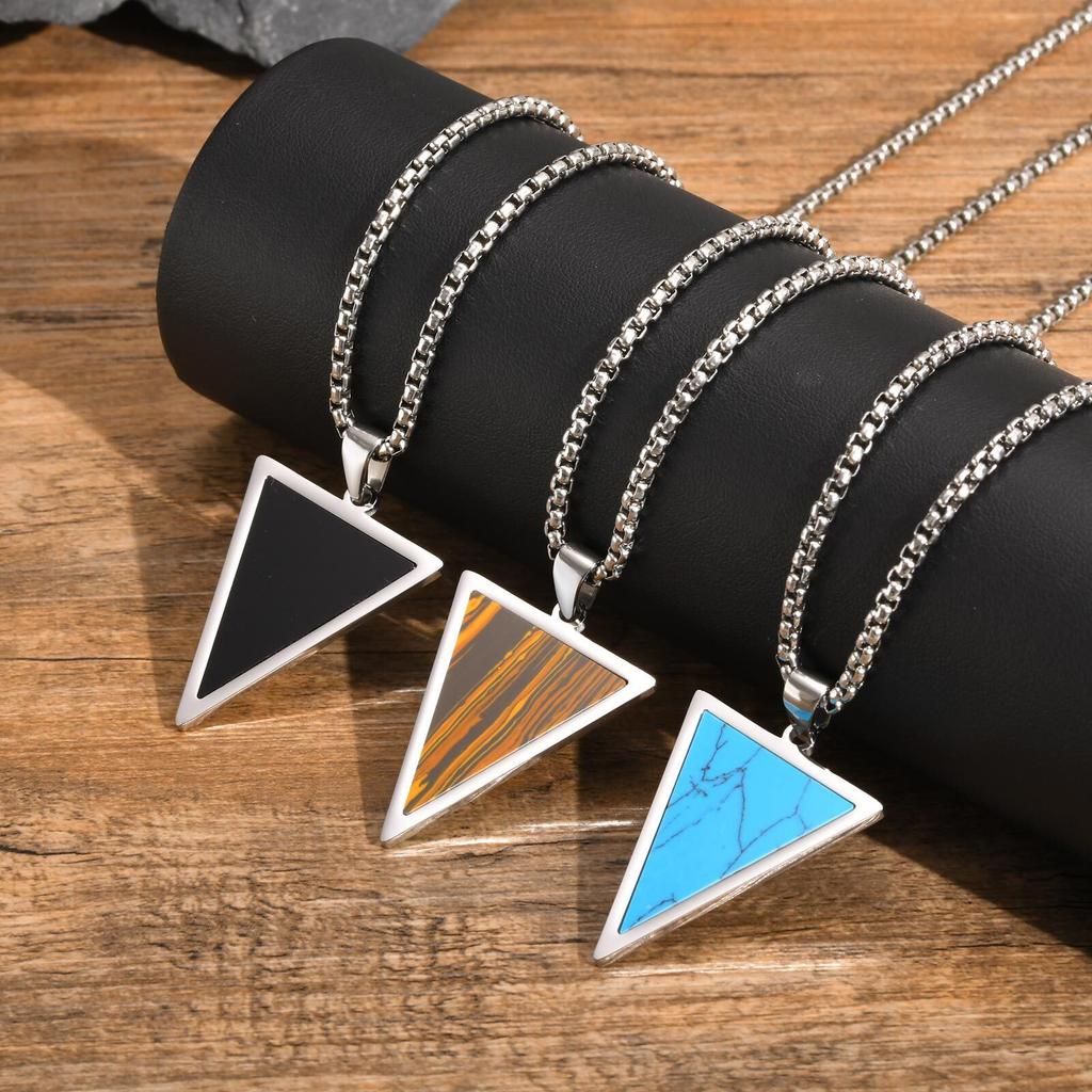 Geometric Pendant Necklace for Men Boys,Stainless Steel Inverted Triangle Natural Stone Collars,Trendy Jewelry Gifts