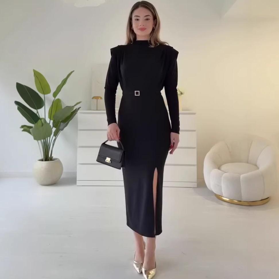 2026 Women's Long Sleeve Bodycon Belted Slit Dress - Elegant European & American Style for Commute