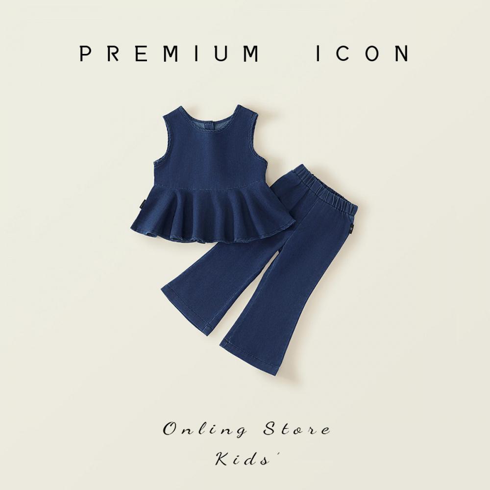 Girls Denim Suit Summer New Children's Korean Style Sleeveless Top Flared Pants Two-piece Set