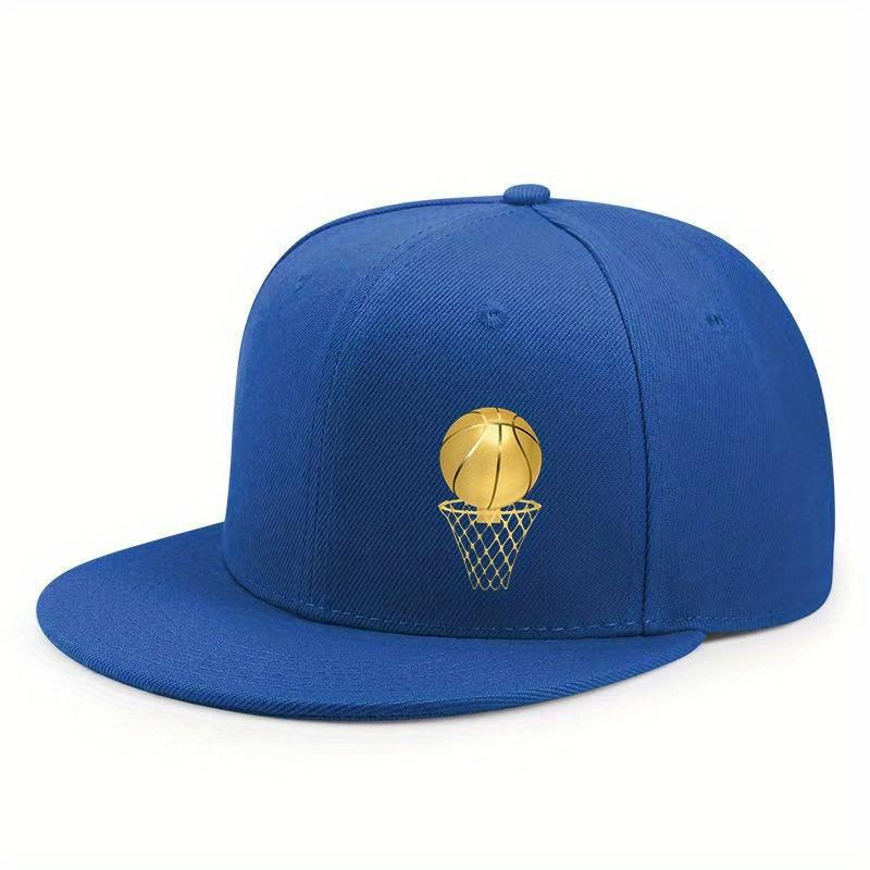 Gold Basketball Hoop Logo Flat Brim Snapback Hat Polyester Adult Unisex Outdoor Casual Cap