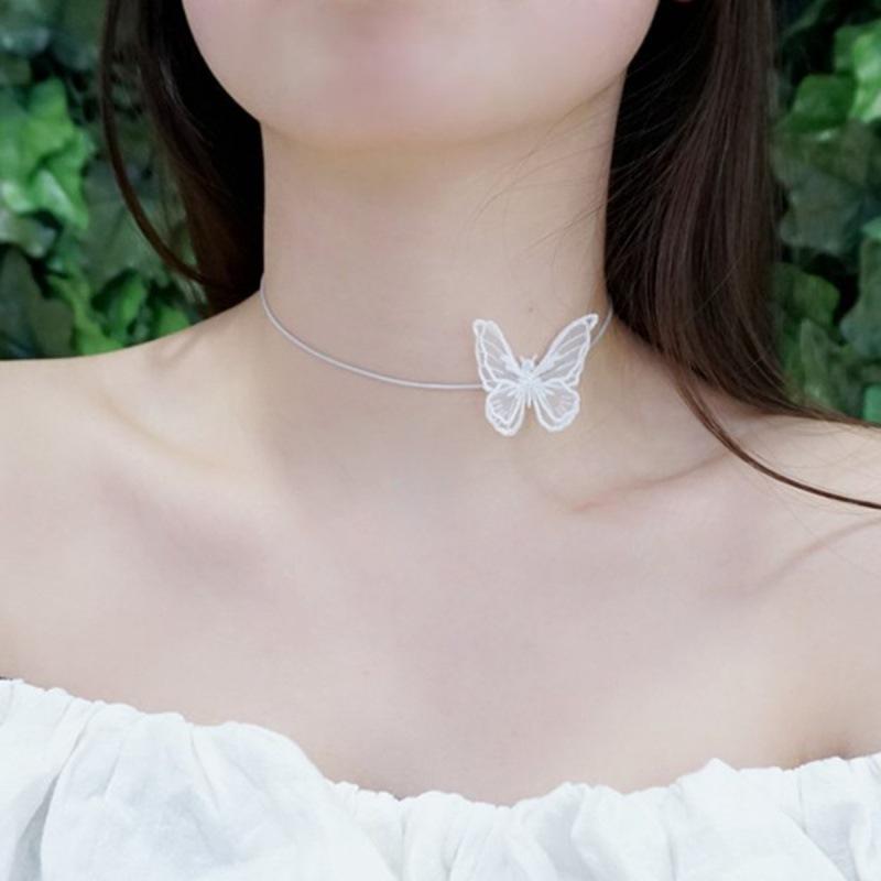 Pearl necklace, white butterfly lace necklace, geometric fabric flower collarbone chain