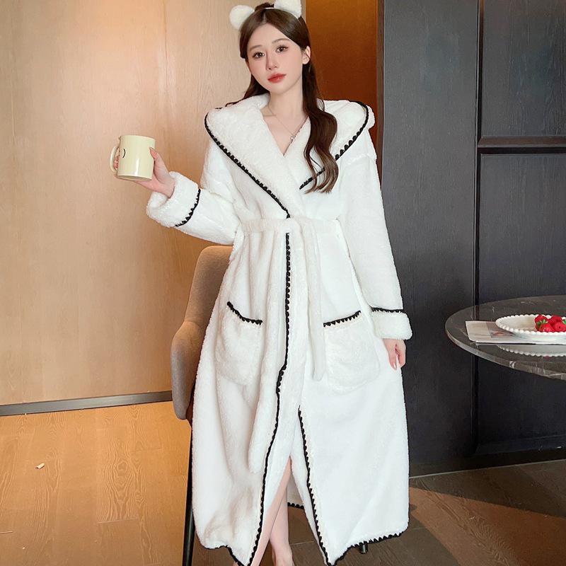 Damen Korallenfleece Kapuzenbademantel - Dick, Warm, Lang, Einfarbig für Herbst & Winter