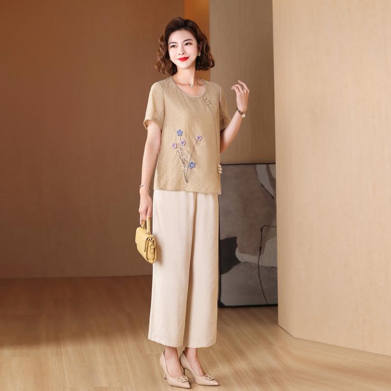 

Летняя мода мамы 2025: Свободный топ и брюки палаццо, комплект из двух предметов для женщин среднего и пожилого возраста. 4XL (suggested 135-145 jin) хаки