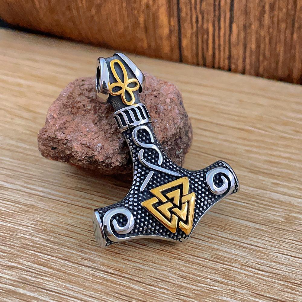 Stainless Steel Men's Pendant Necklace Viking Odin Celtic Triangle Knot Thor's Hammer